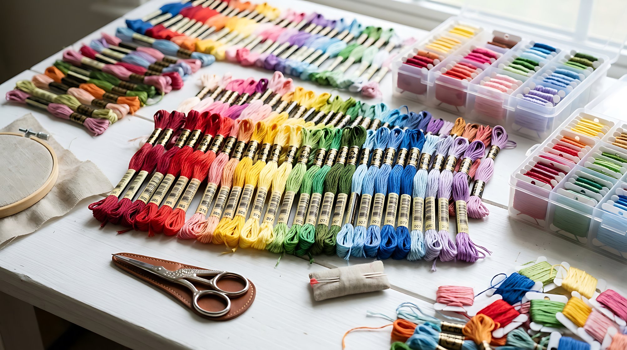 Atelier con strumenti per il ricamo e campioni di tessuto